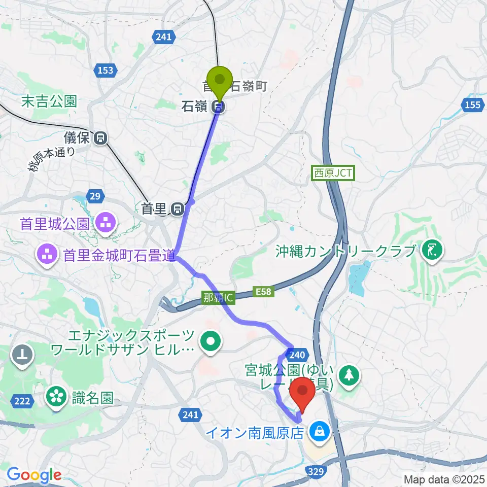 石嶺駅からサザンプレックスへのルートマップ地図