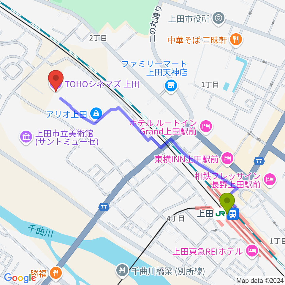 Tohoシネマズ上田の最寄駅上田駅からの徒歩ルート 約11分 Mdata