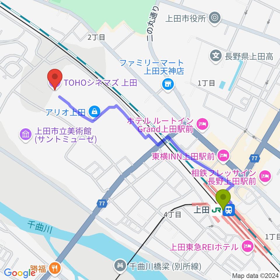 TOHOシネマズ上田の最寄駅上田駅からの徒歩ルート（約11分）地図