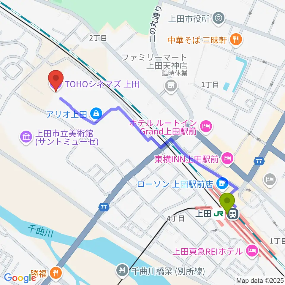 TOHOシネマズ上田の最寄駅上田駅からの徒歩ルート（約11分）地図