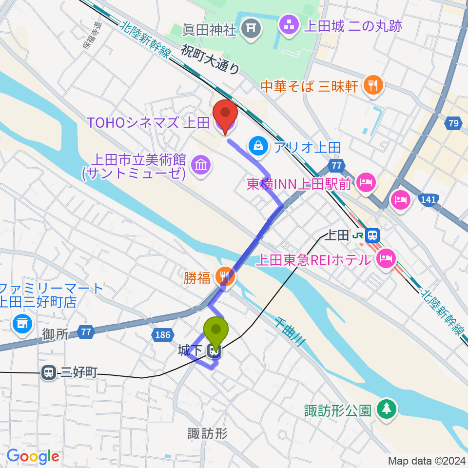 城下駅からtohoシネマズ上田へのルートマップ Mdata