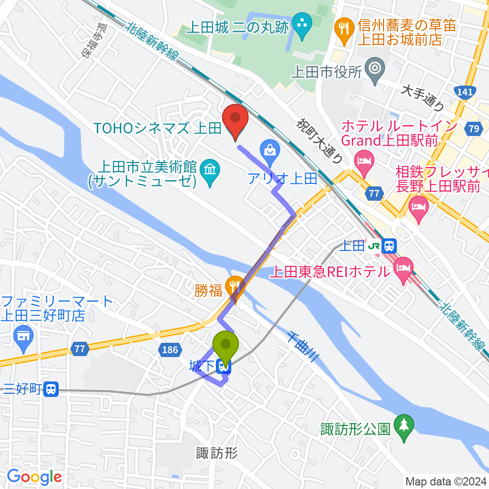 城下駅からTOHOシネマズ上田へのルートマップ地図