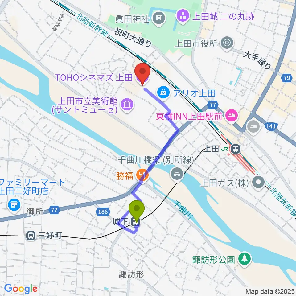 城下駅からTOHOシネマズ上田へのルートマップ地図