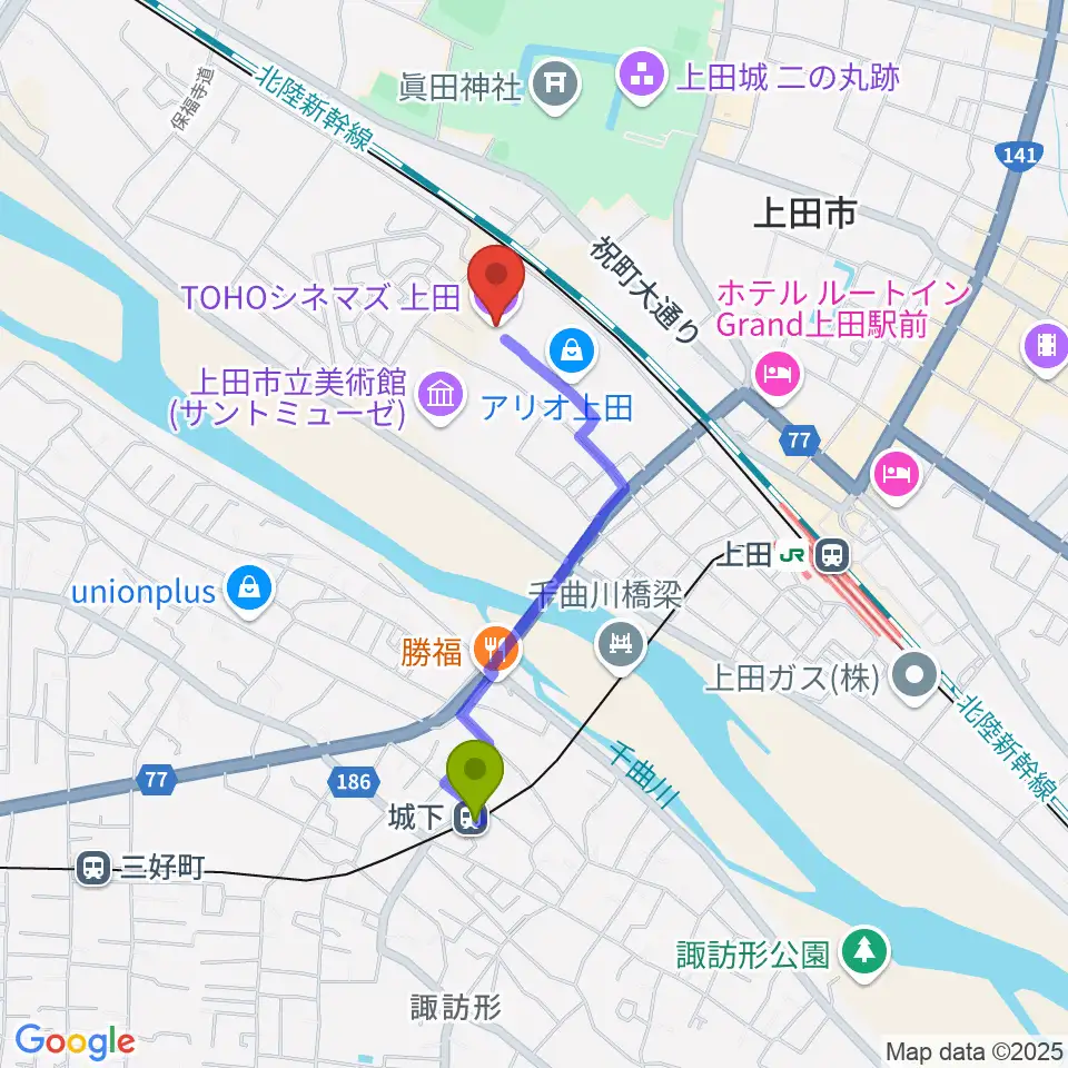 城下駅からTOHOシネマズ上田へのルートマップ地図