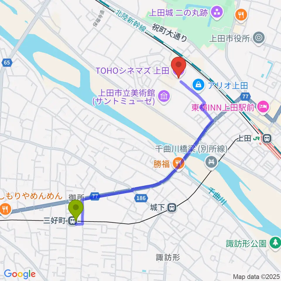 三好町駅からTOHOシネマズ上田へのルートマップ地図