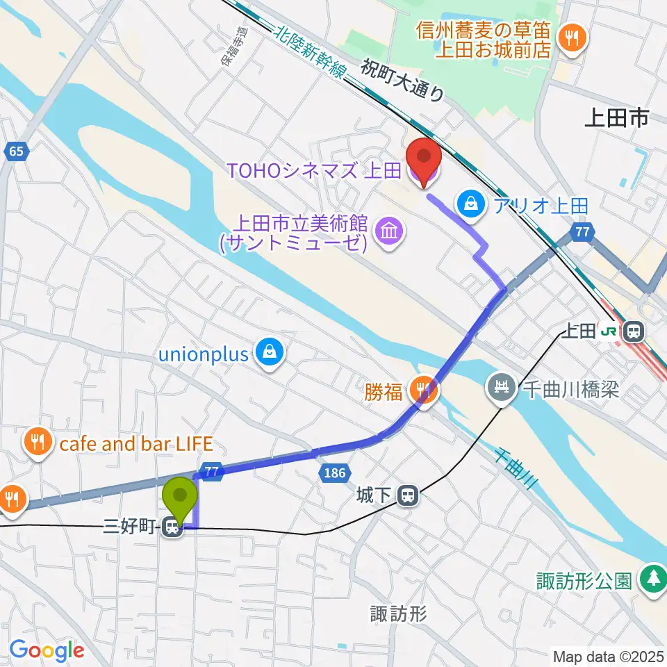 三好町駅からTOHOシネマズ上田へのルートマップ地図