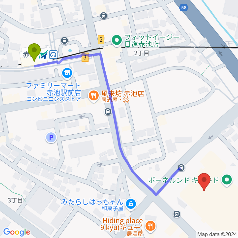 TOHOシネマズ赤池の最寄駅赤池駅からの徒歩ルート（約7分）地図