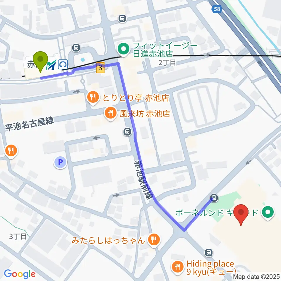 TOHOシネマズ赤池の最寄駅赤池駅からの徒歩ルート（約7分）地図