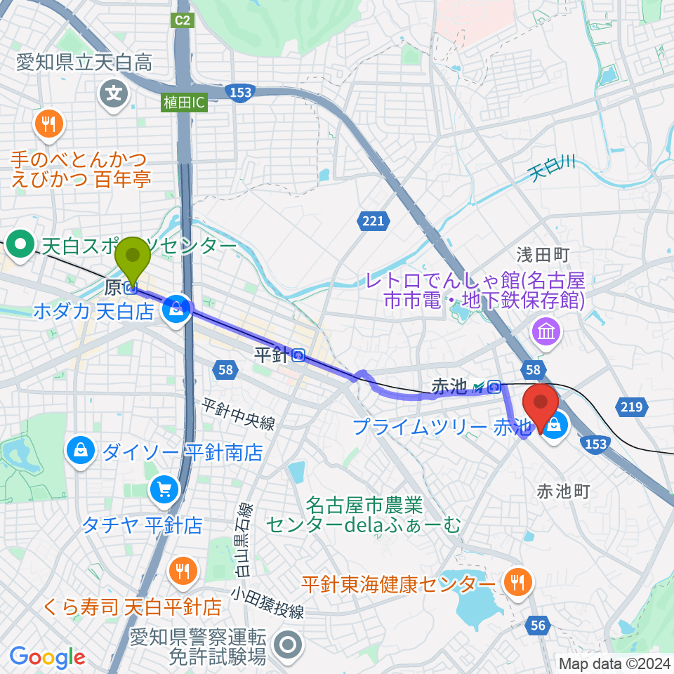 原駅からTOHOシネマズ赤池へのルートマップ地図