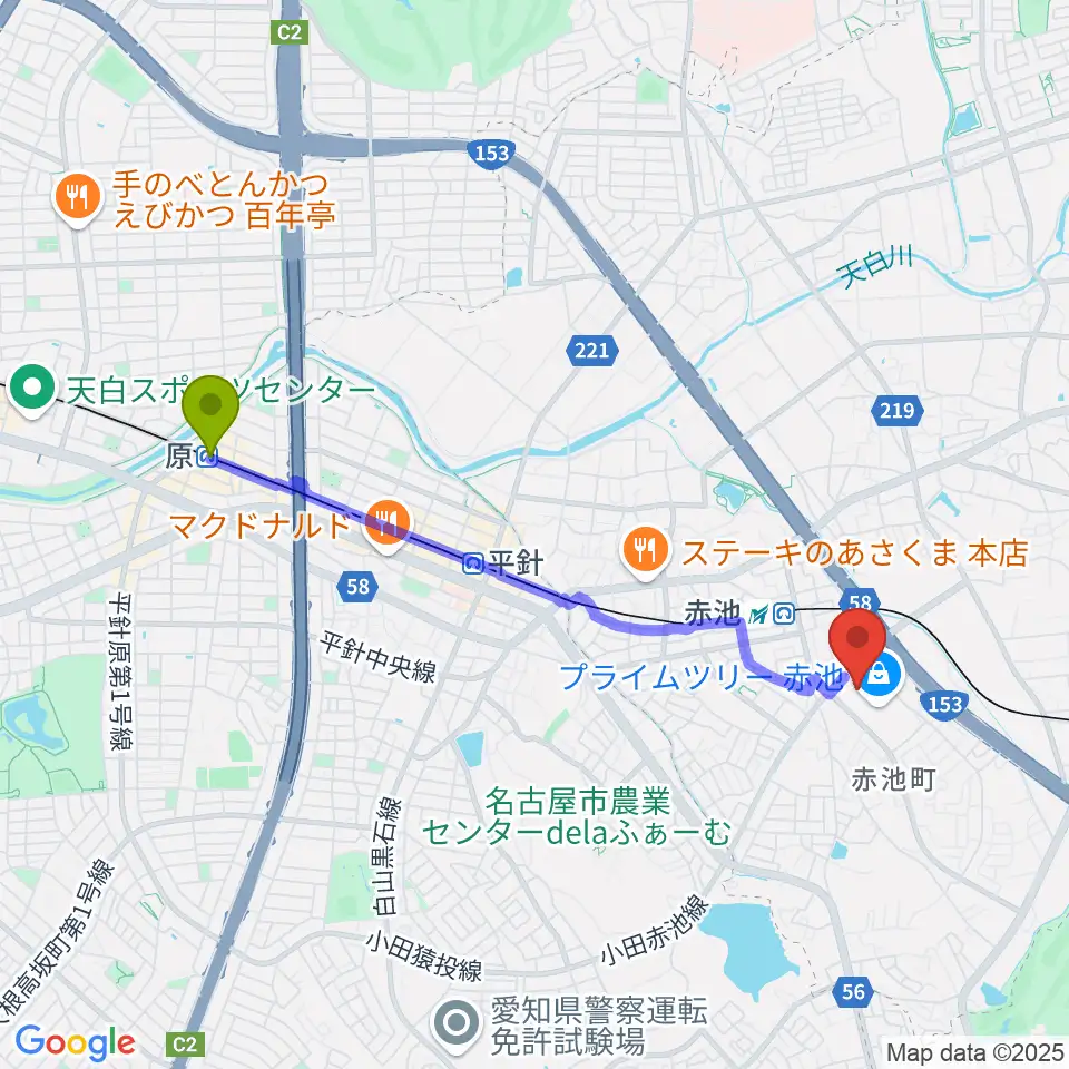 原駅からTOHOシネマズ赤池へのルートマップ地図