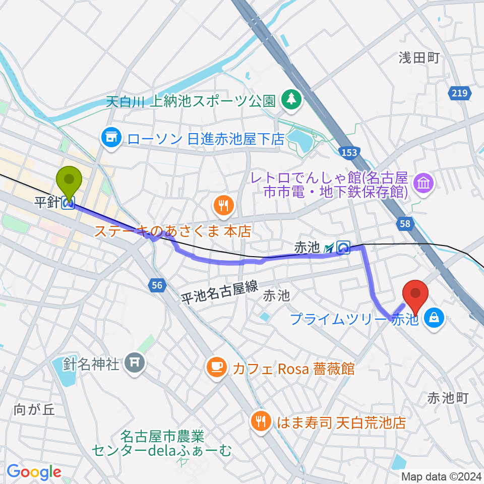 平針駅からTOHOシネマズ赤池へのルートマップ地図