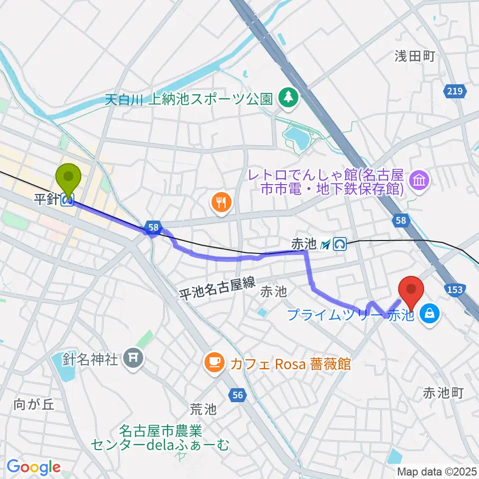 平針駅からTOHOシネマズ赤池へのルートマップ地図
