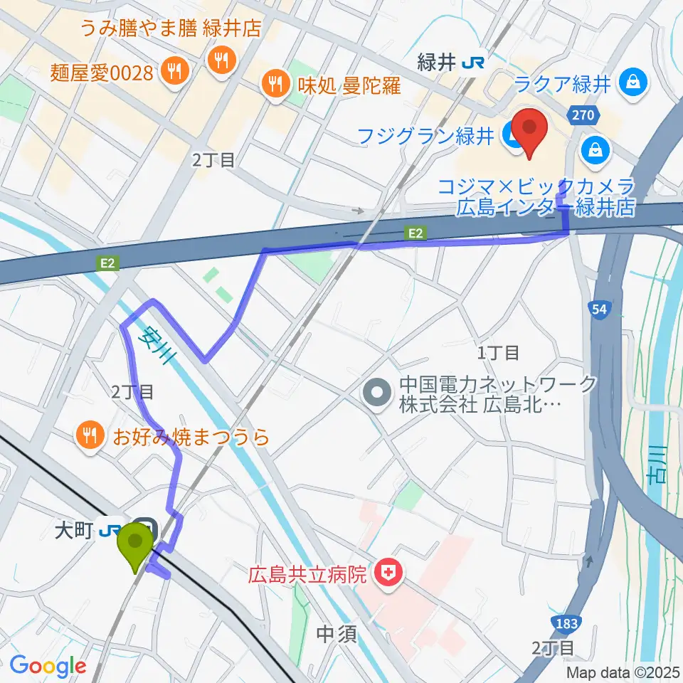 大町駅からTOHOシネマズ緑井へのルートマップ地図