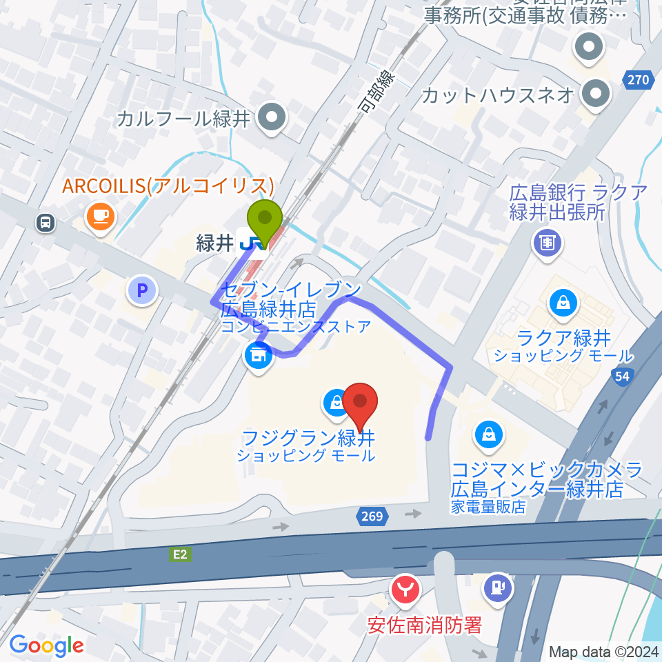 Tohoシネマズ緑井の最寄駅緑井駅からの徒歩ルート 約2分 Mdata