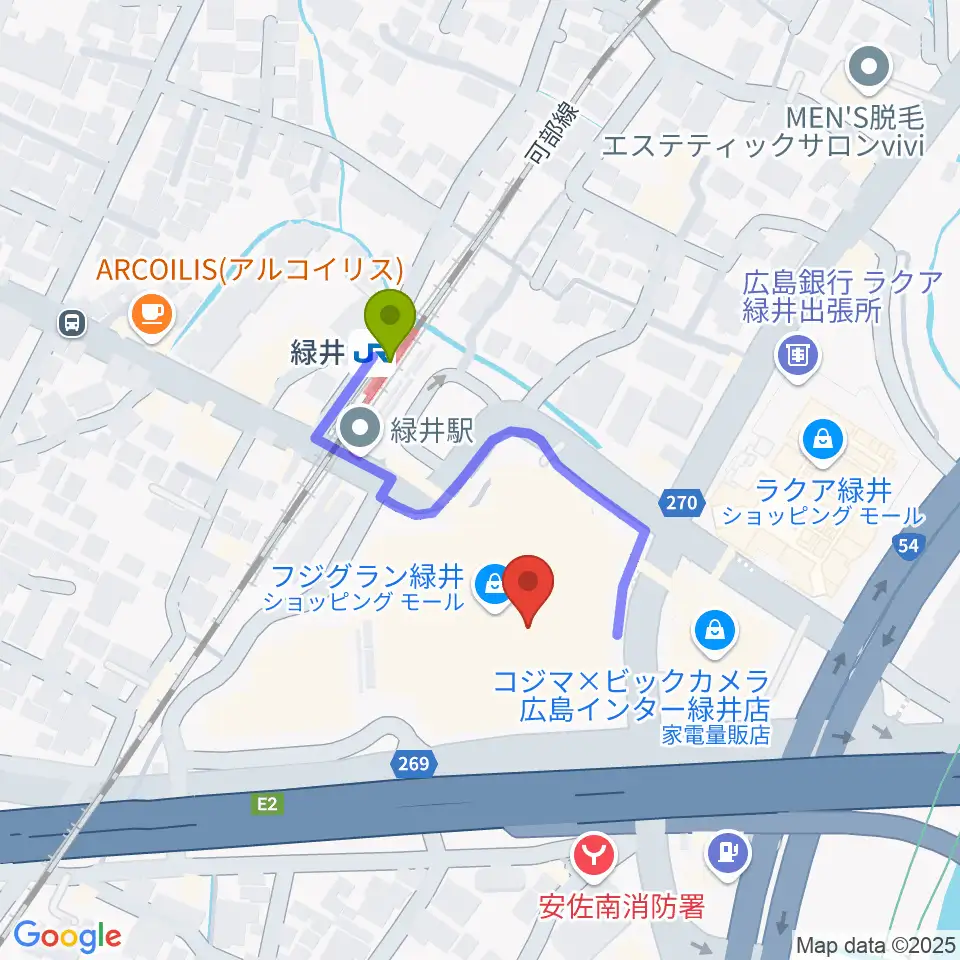 TOHOシネマズ緑井の最寄駅緑井駅からの徒歩ルート（約2分）地図