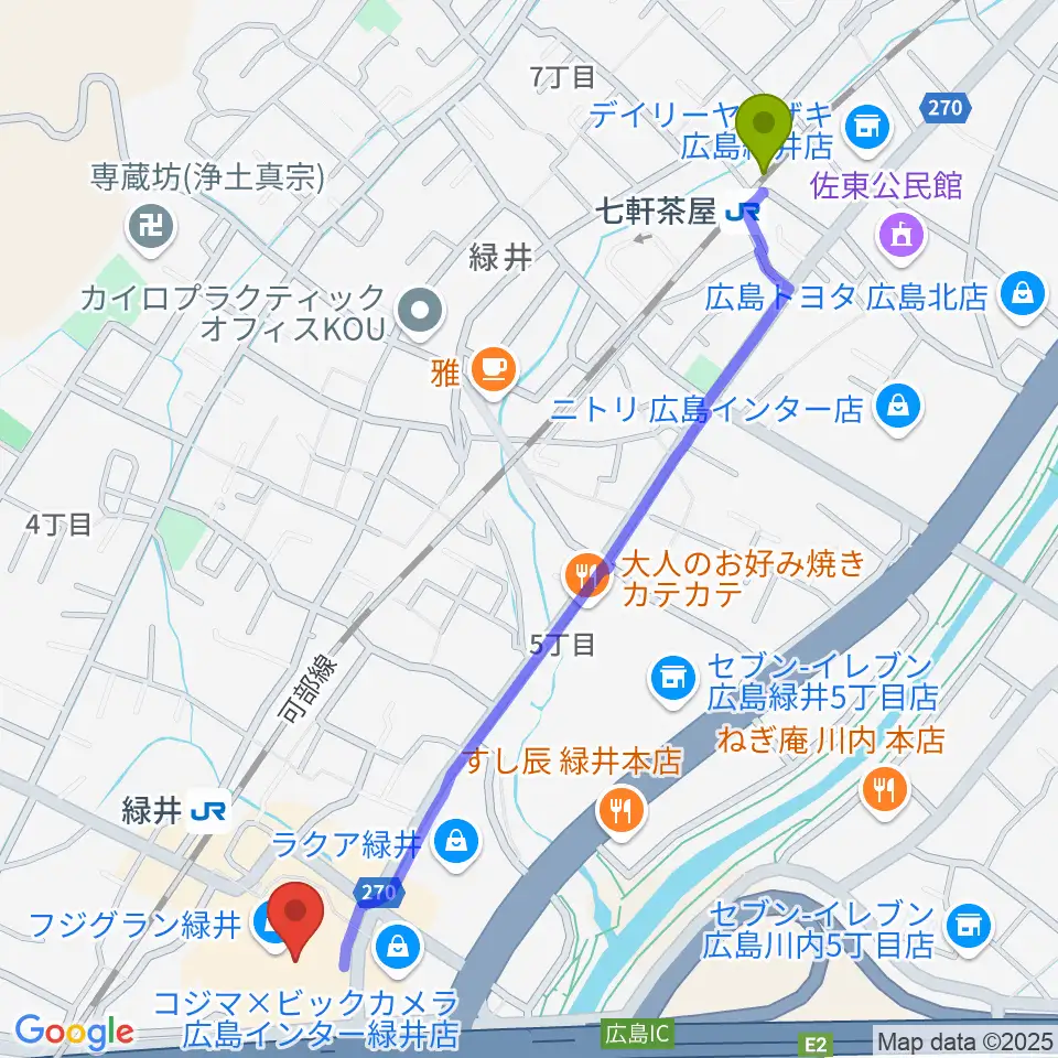 七軒茶屋駅からTOHOシネマズ緑井へのルートマップ地図