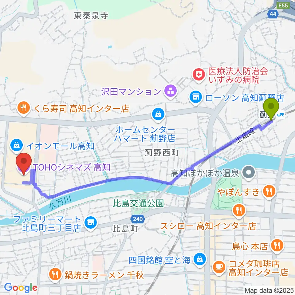 薊野駅からTOHOシネマズ高知へのルートマップ地図