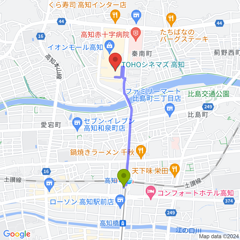 TOHOシネマズ高知の最寄駅高知駅からの徒歩ルート（約15分）地図