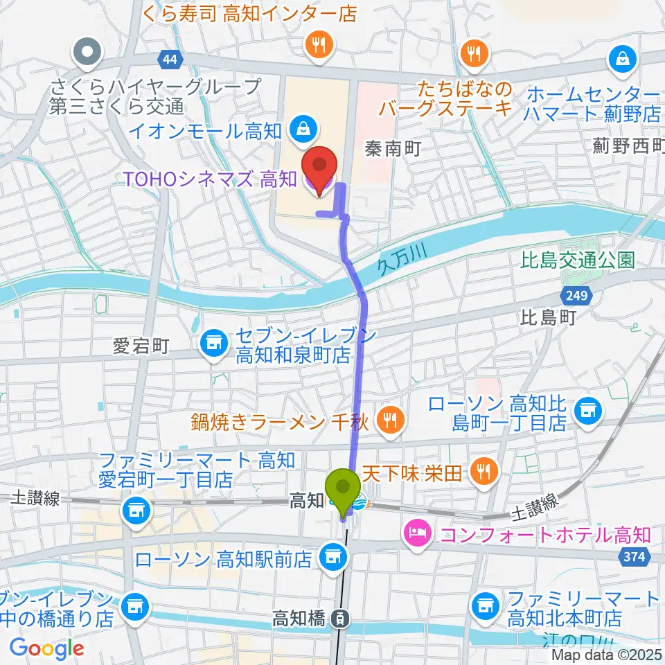 TOHOシネマズ高知の最寄駅高知駅からの徒歩ルート（約15分）地図