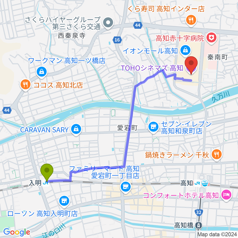 入明駅からTOHOシネマズ高知へのルートマップ地図