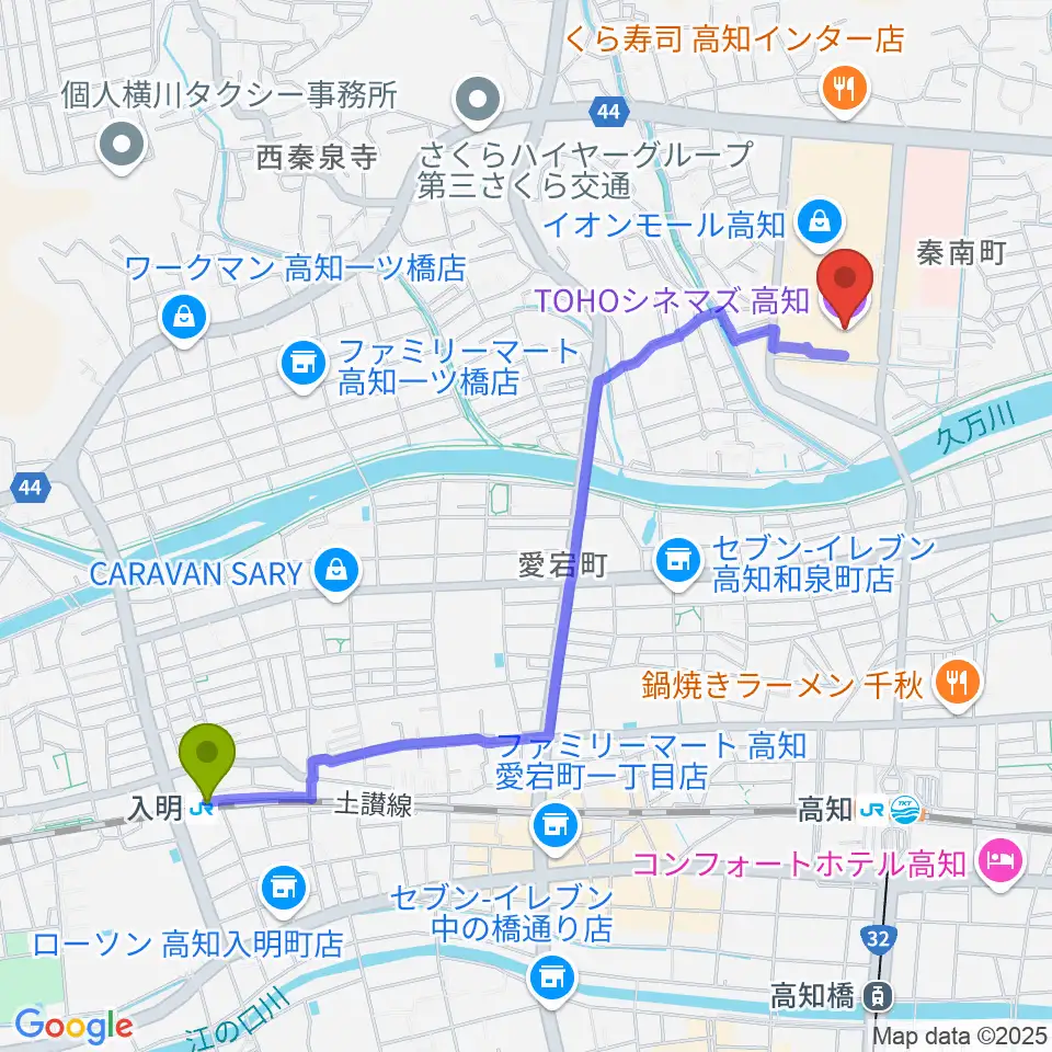 入明駅からTOHOシネマズ高知へのルートマップ地図