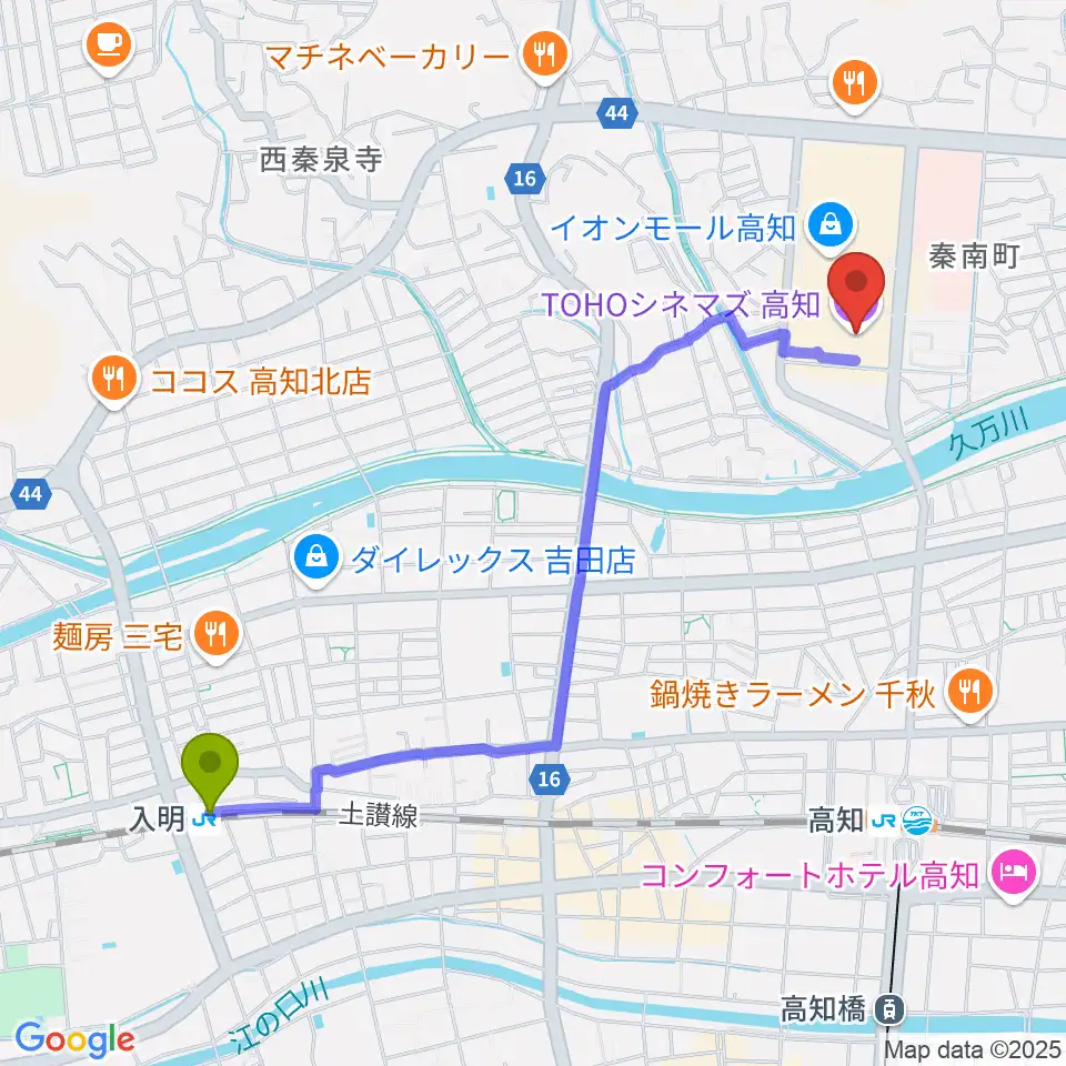 入明駅からTOHOシネマズ高知へのルートマップ地図