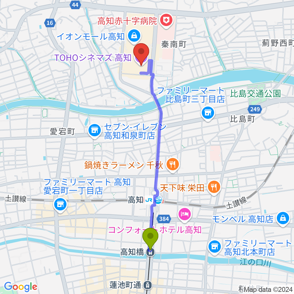 高知橋駅からTOHOシネマズ高知へのルートマップ地図