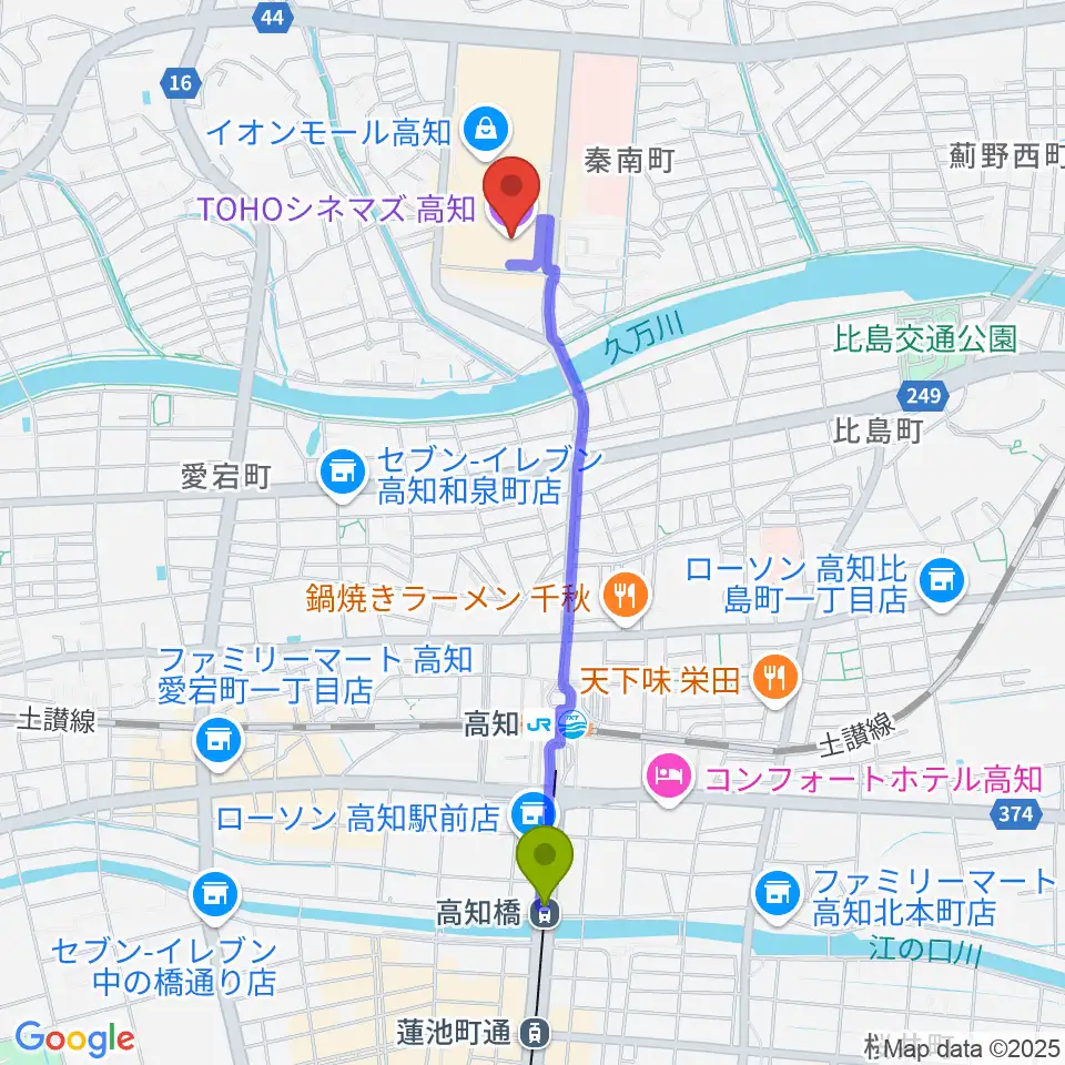 高知橋駅からTOHOシネマズ高知へのルートマップ地図