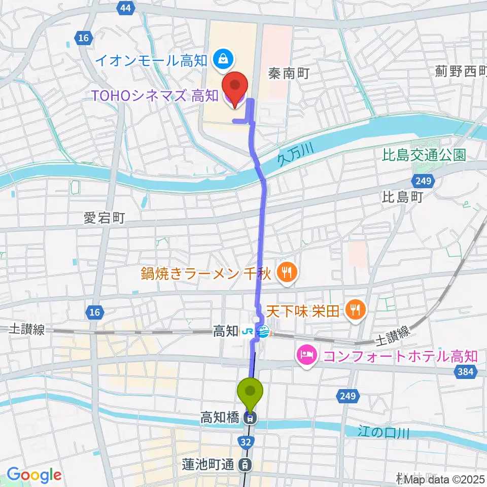 高知橋駅からTOHOシネマズ高知へのルートマップ地図
