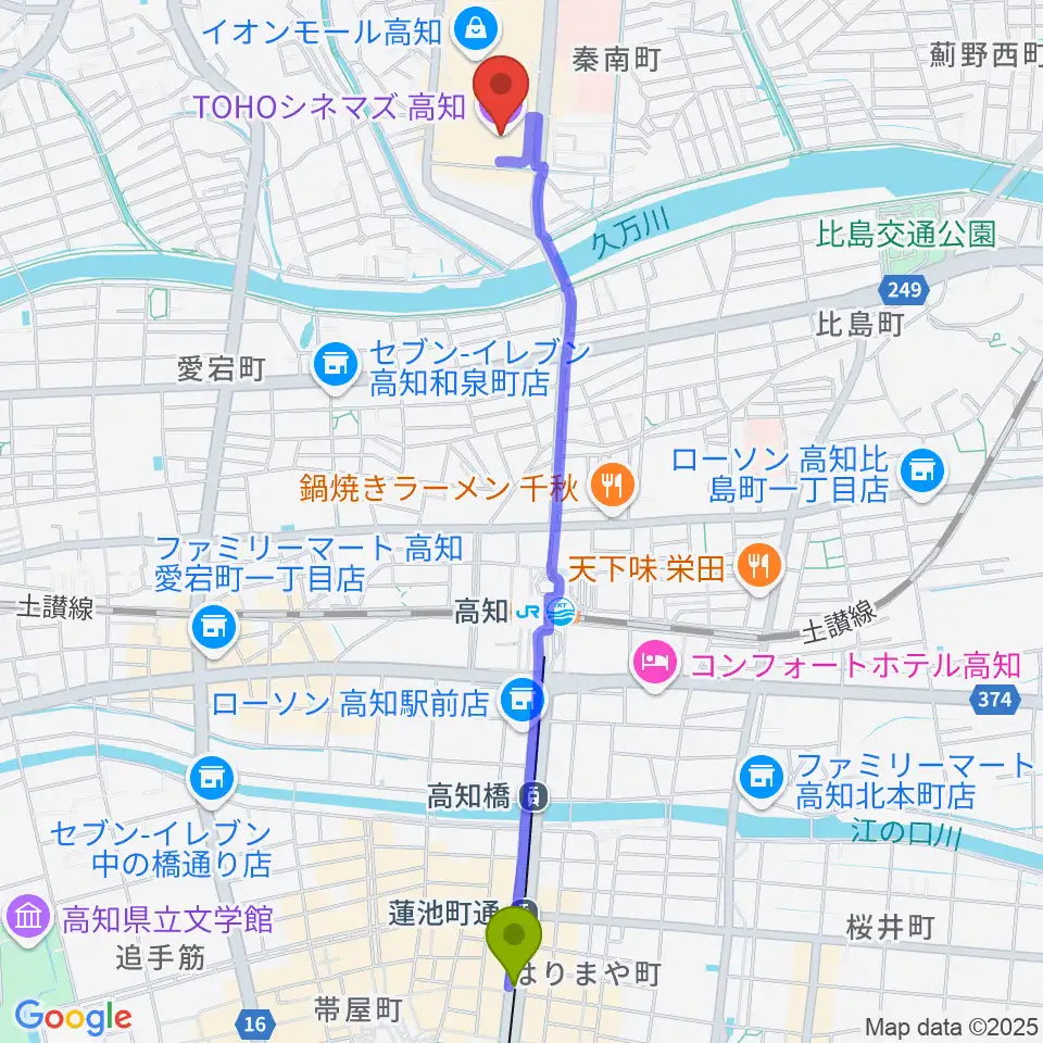 蓮池町通駅からTOHOシネマズ高知へのルートマップ地図