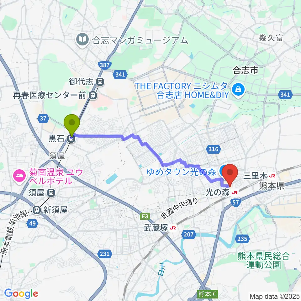 黒石駅からTOHOシネマズ光の森へのルートマップ地図