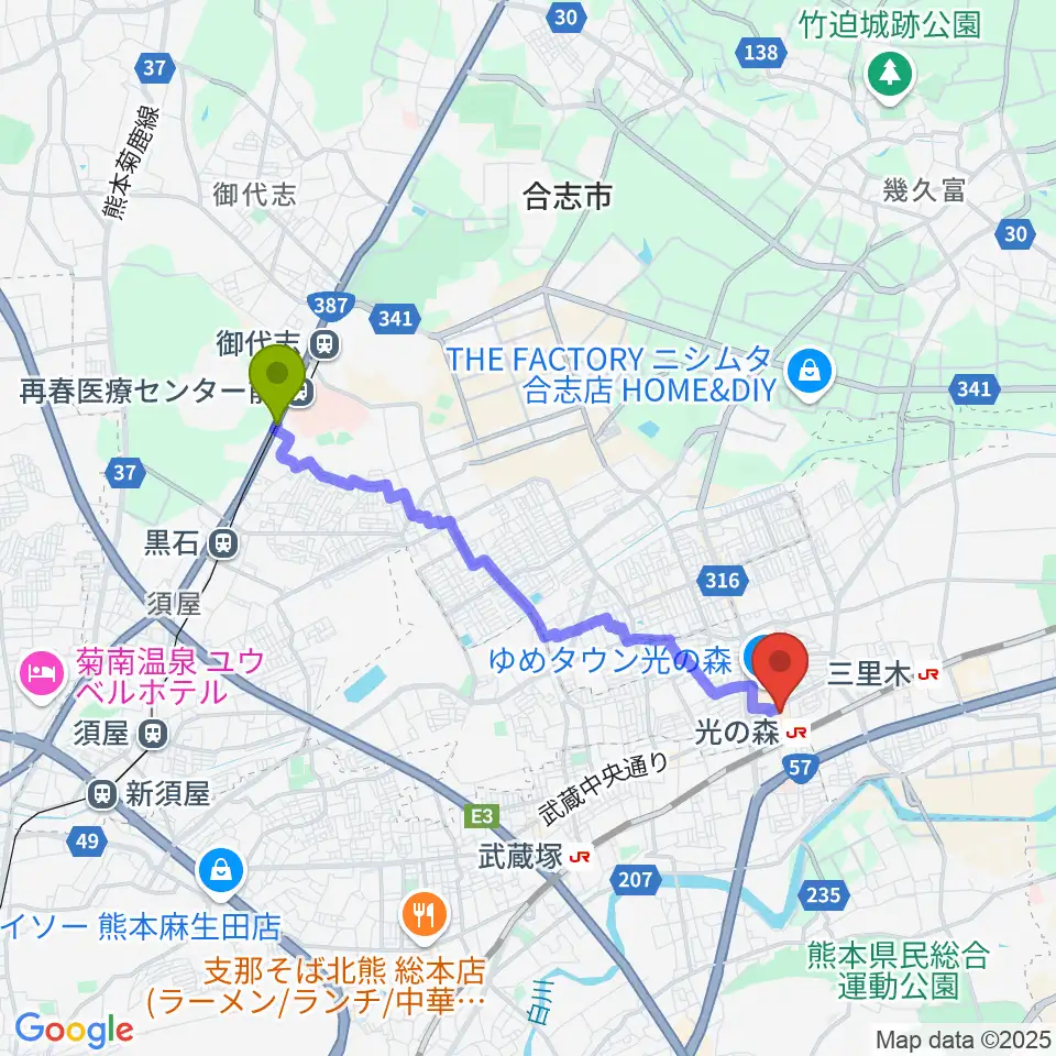 熊本高専前駅からTOHOシネマズ光の森へのルートマップ地図