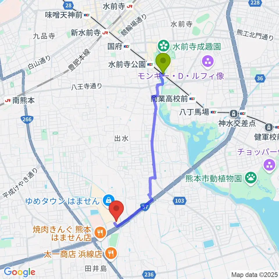 市立体育館前駅からTOHOシネマズはませんへのルートマップ地図