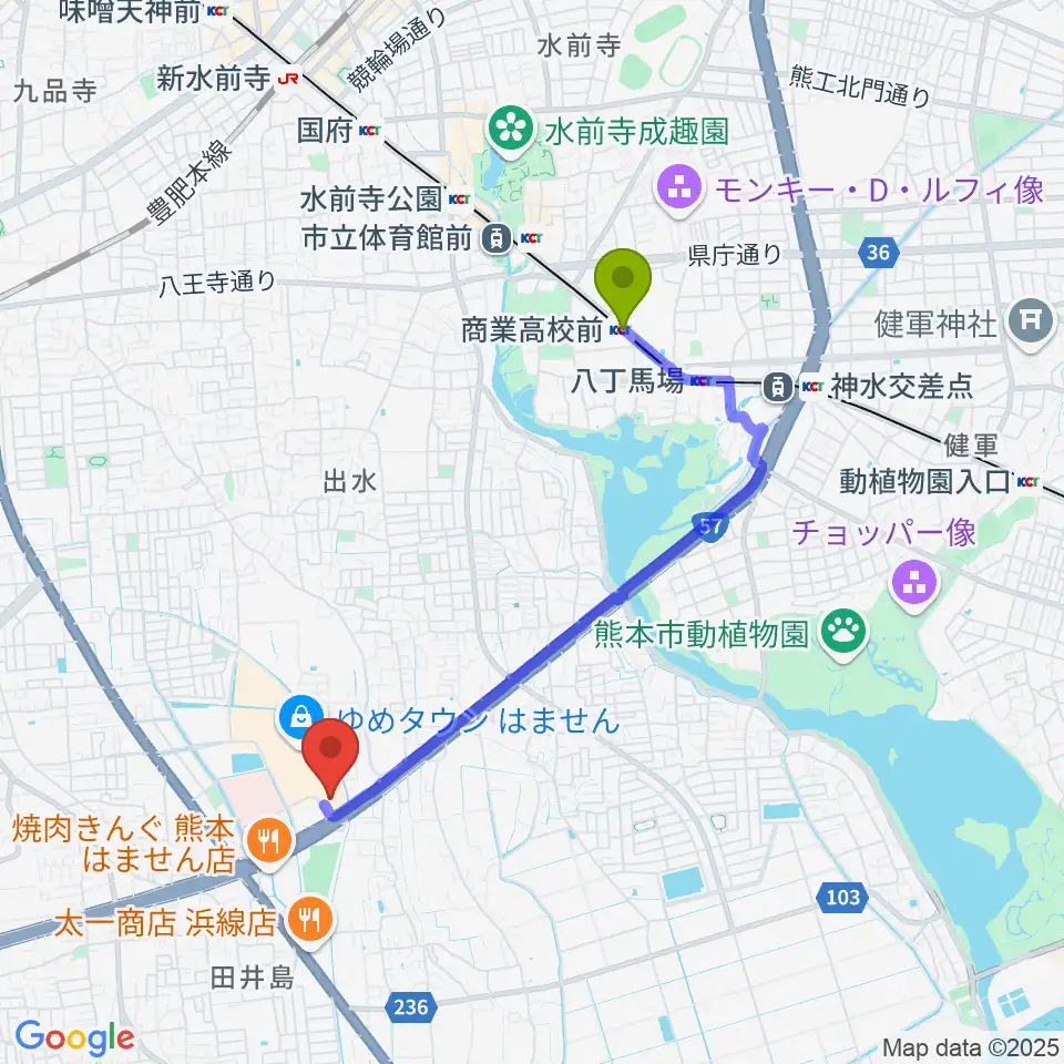 商業高校前駅からTOHOシネマズはませんへのルートマップ地図