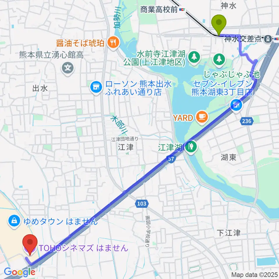 TOHOシネマズはませんの最寄駅八丁馬場駅からの徒歩ルート（約33分）地図