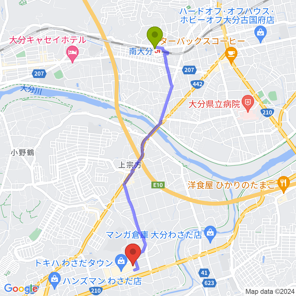 TOHOシネマズ大分わさだの最寄駅南大分駅からの徒歩ルート（約47分）地図