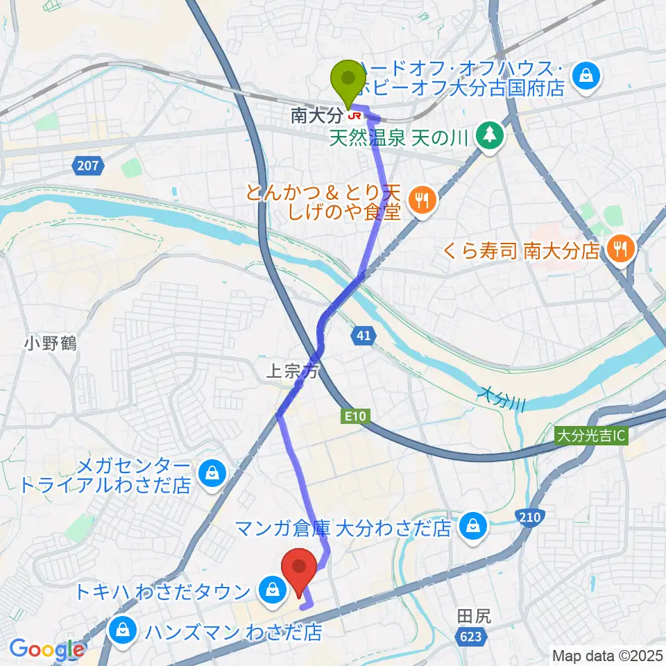 TOHOシネマズ大分わさだの最寄駅南大分駅からの徒歩ルート（約47分）地図