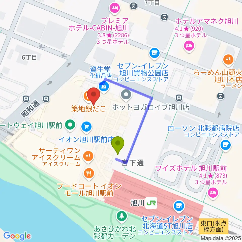 イオンシネマ旭川駅前の最寄駅旭川駅からの徒歩ルート（約2分）地図