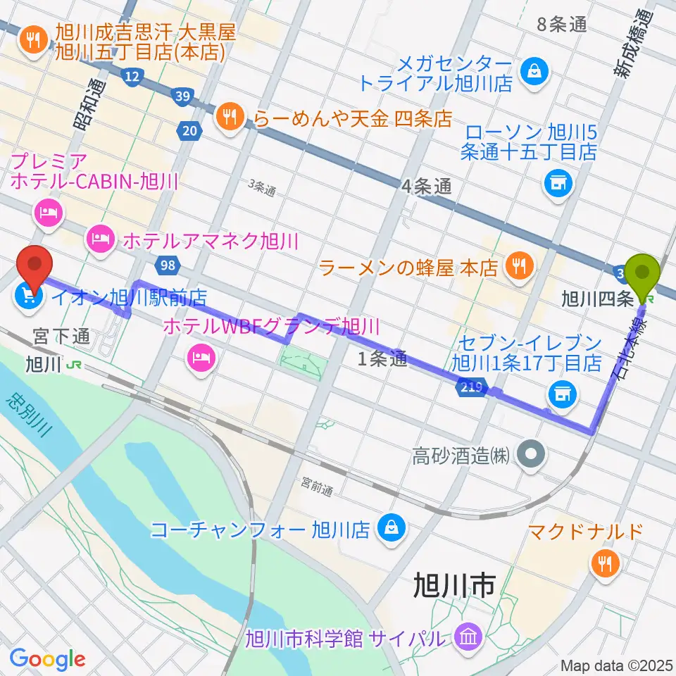 旭川四条駅からイオンシネマ旭川駅前へのルートマップ地図