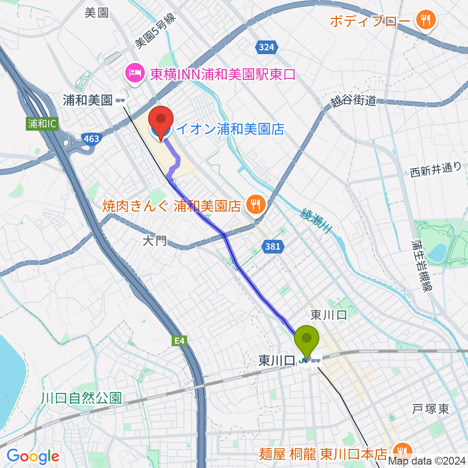 東川口駅からイオンシネマ浦和美園へのルートマップ地図