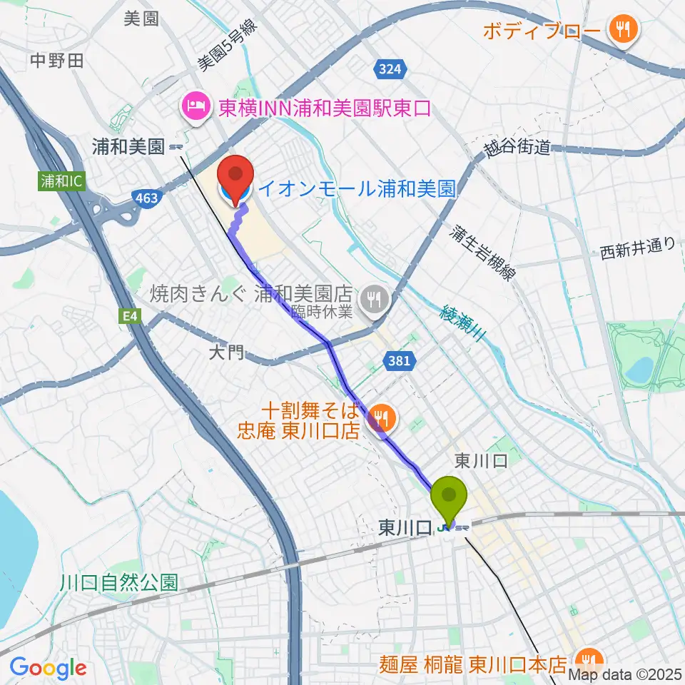 東川口駅からイオンシネマ浦和美園へのルートマップ地図