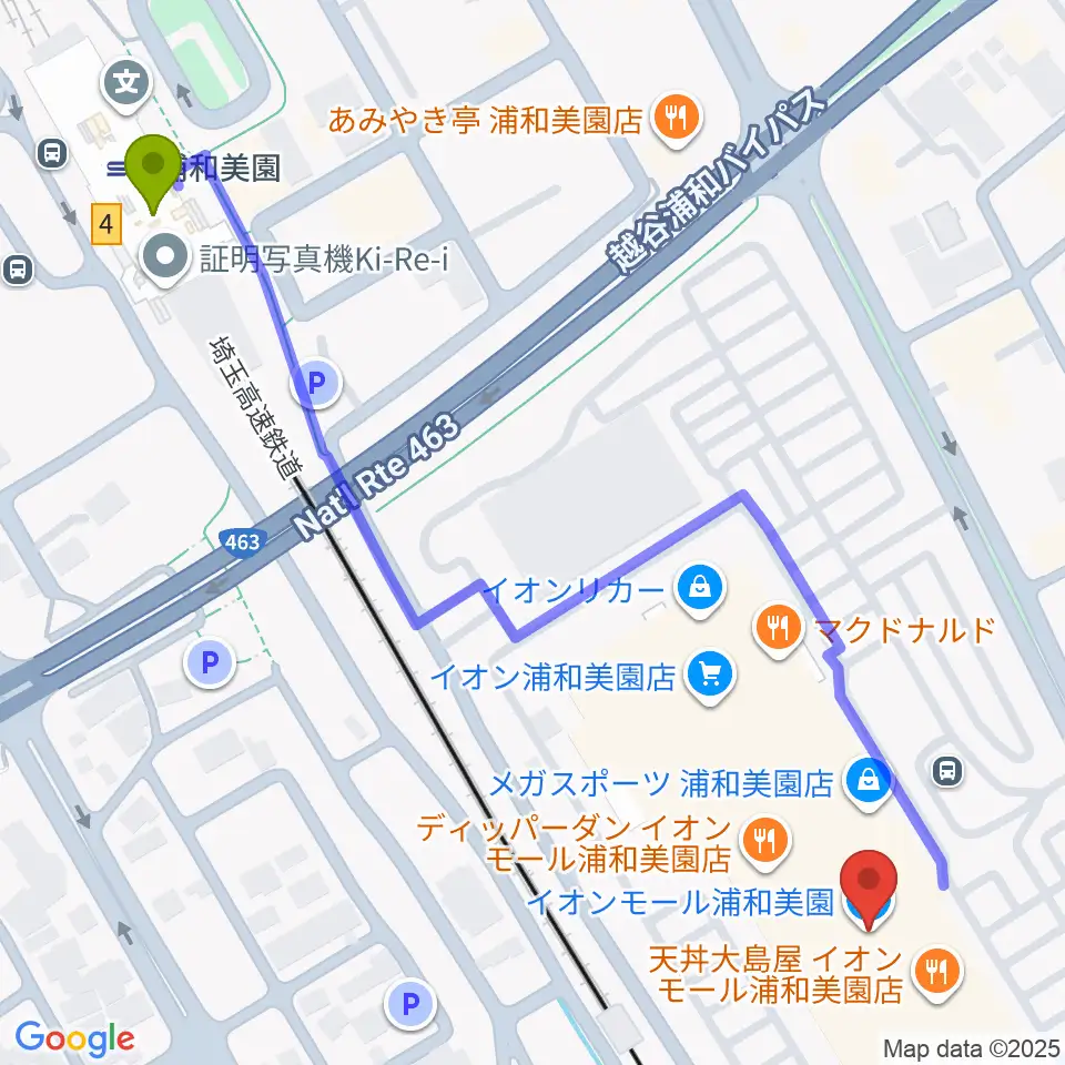 イオンシネマ浦和美園の最寄駅浦和美園駅からの徒歩ルート（約7分）地図