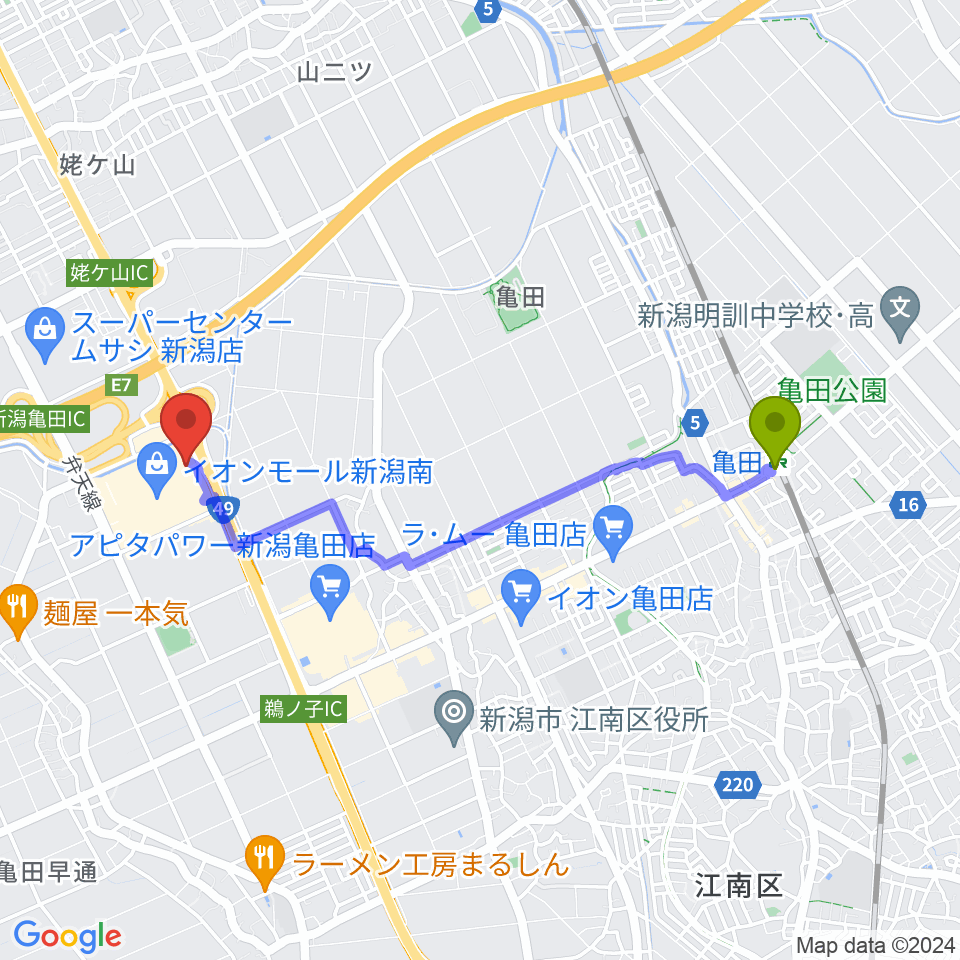 イオンシネマ新潟南の最寄駅亀田駅からの徒歩ルート（約37分）地図