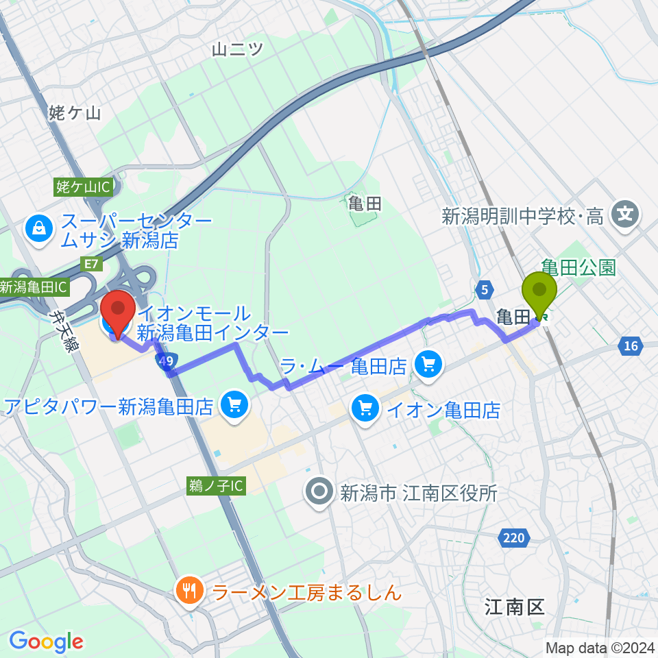 イオンシネマ新潟亀田インターの最寄駅亀田駅からの徒歩ルート（約39分）地図