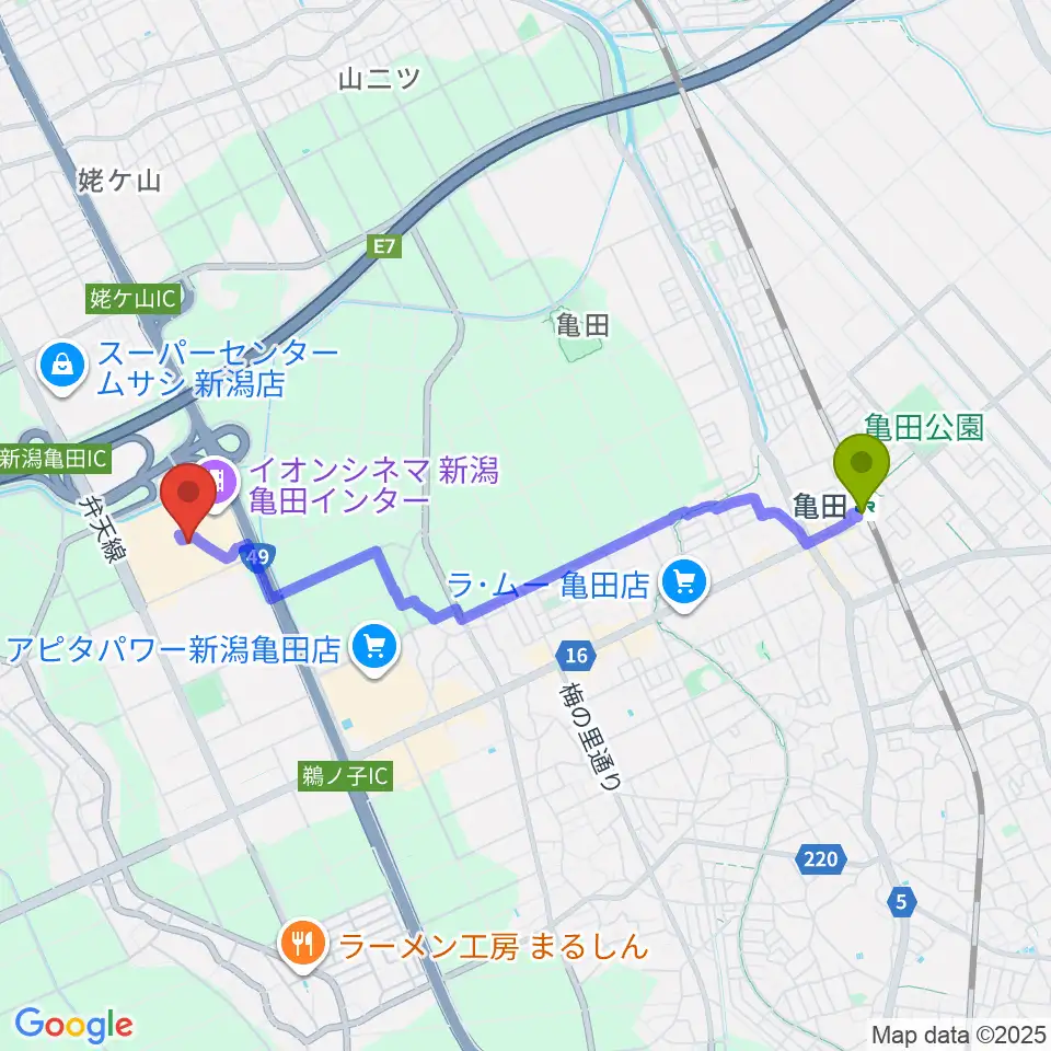 イオンシネマ新潟亀田インターの最寄駅亀田駅からの徒歩ルート（約39分）地図