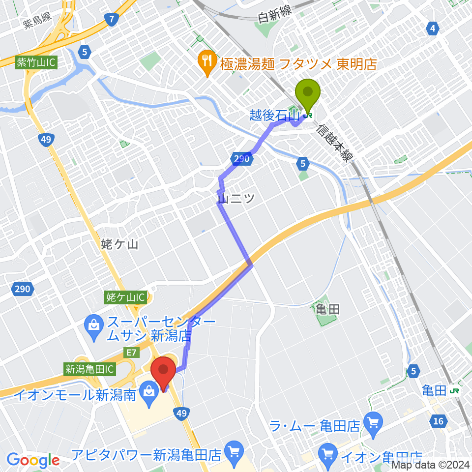越後石山駅からイオンシネマ新潟南へのルートマップ地図