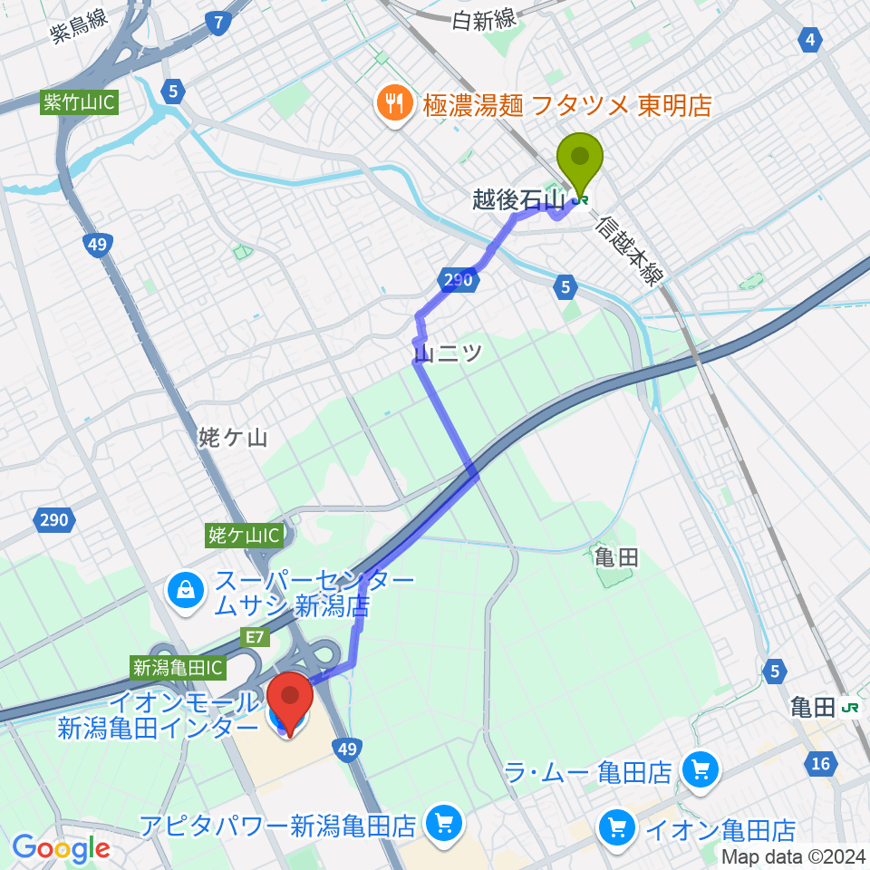 越後石山駅からイオンシネマ新潟亀田インターへのルートマップ地図