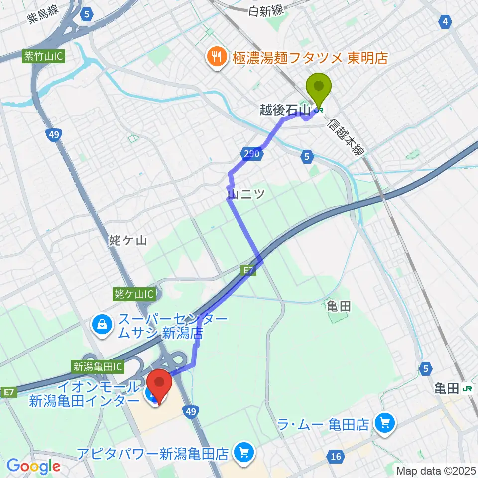 越後石山駅からイオンシネマ新潟亀田インターへのルートマップ地図