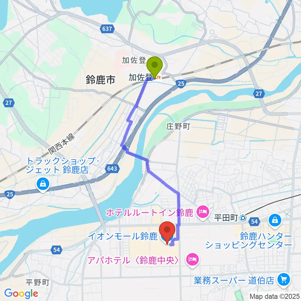 加佐登駅からイオンシネマ鈴鹿へのルートマップ地図