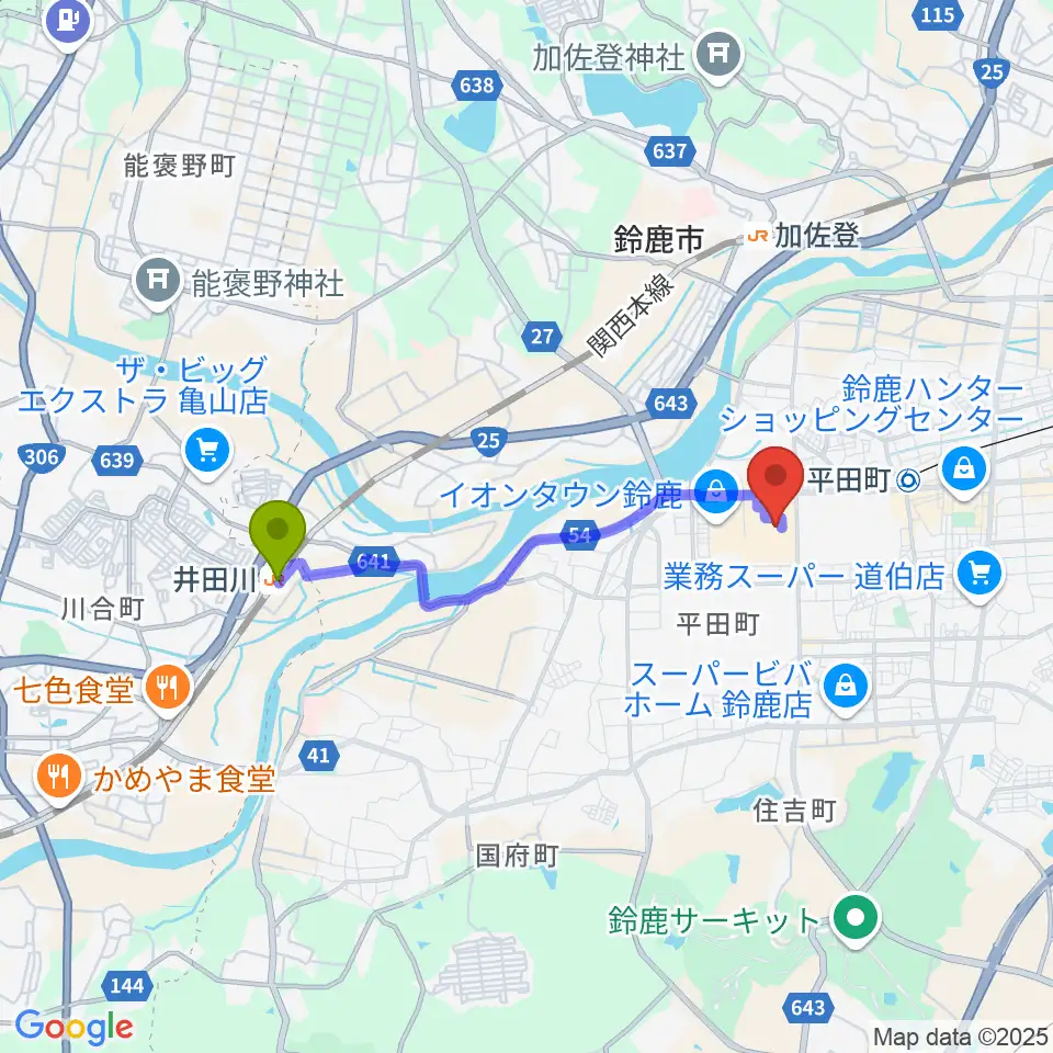 井田川駅からイオンシネマ鈴鹿へのルートマップ地図